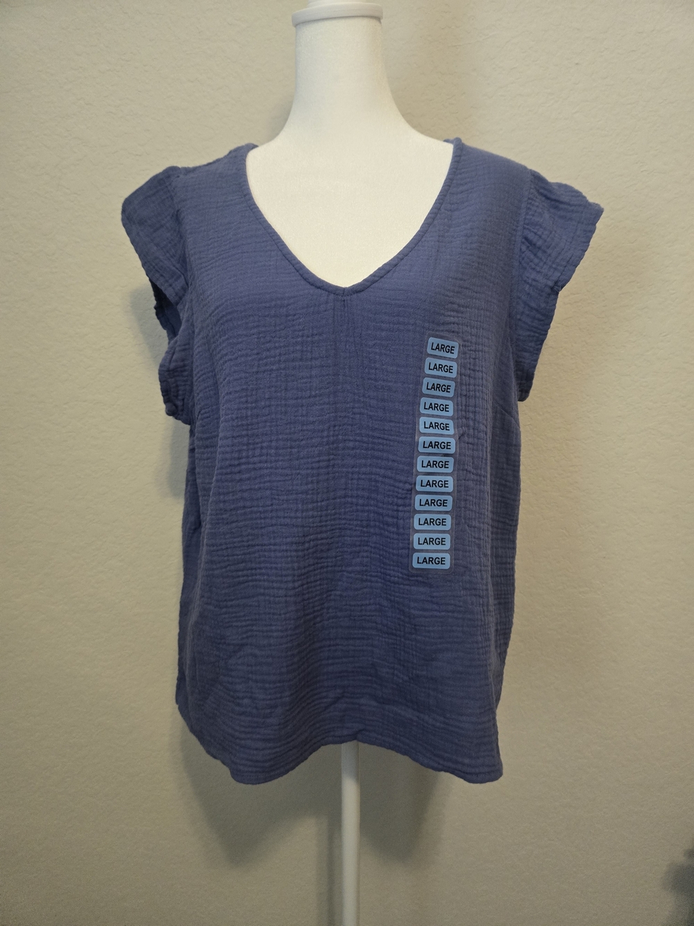 Three Dots Blue V-Neck Cap Sleeve Blouse